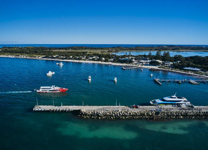 Aerial view of Thomson Bay settlement and ferry jetty, Rottnest Island