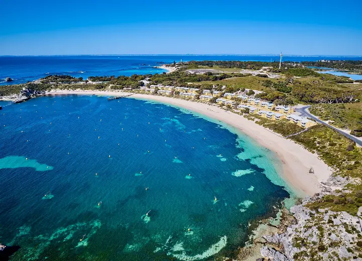 Turquoise water and moored boats at Geordie Bay, Rottnest Island