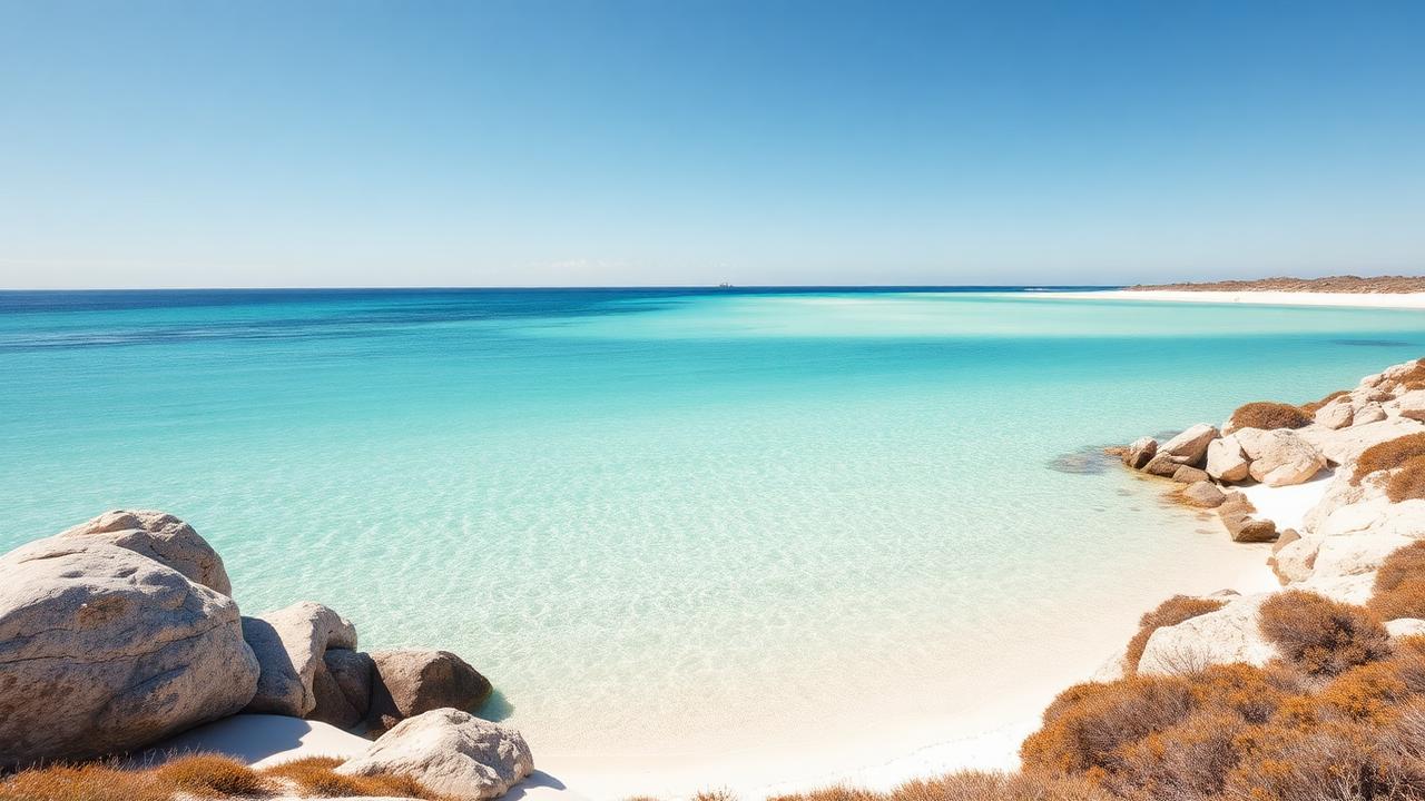 A quiet western Rottnest bay with clear turquoise water and no people in sight.