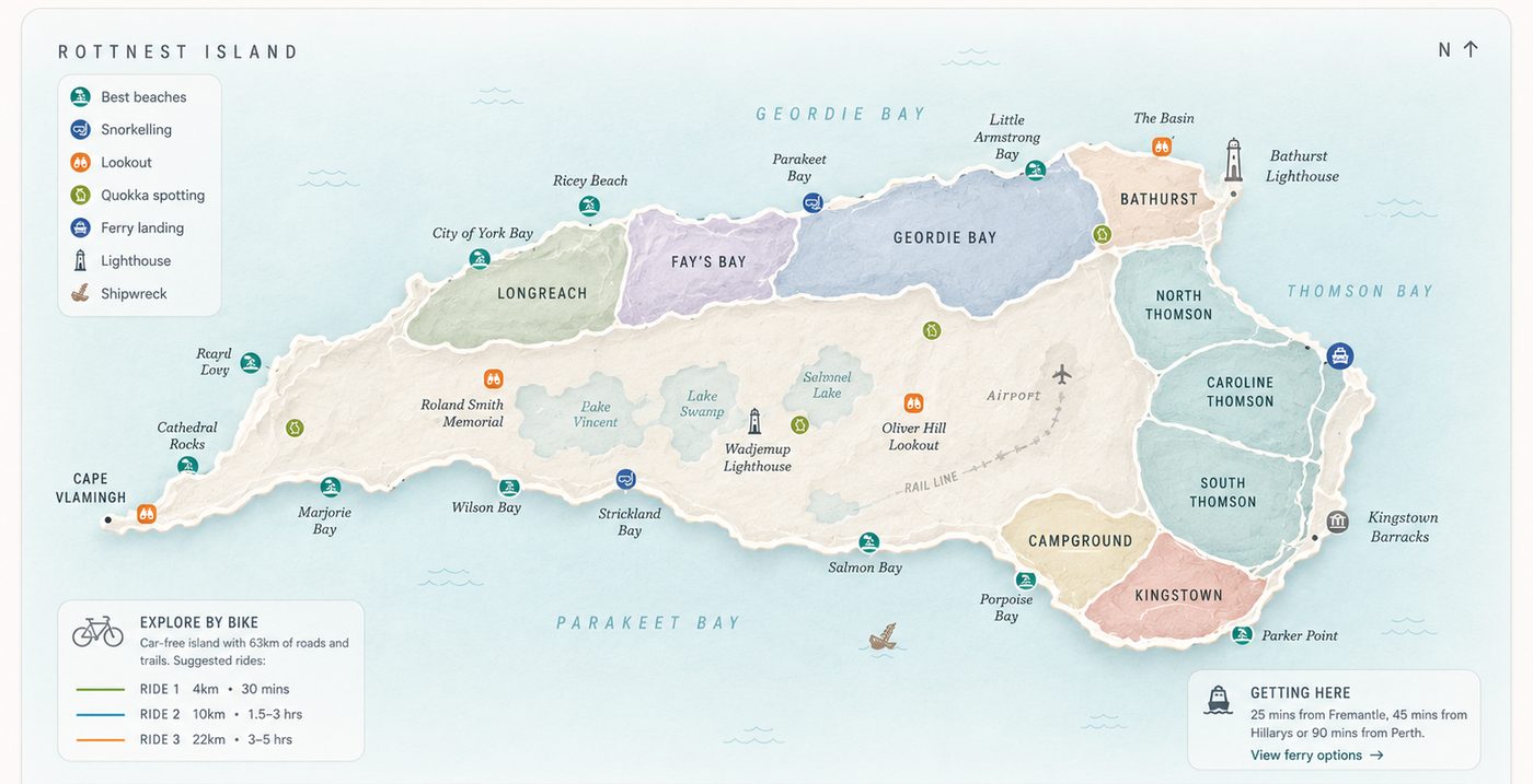Editorial map of Rottnest Island showing accommodation precincts